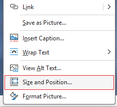 Right click menu Size and Position option in Word